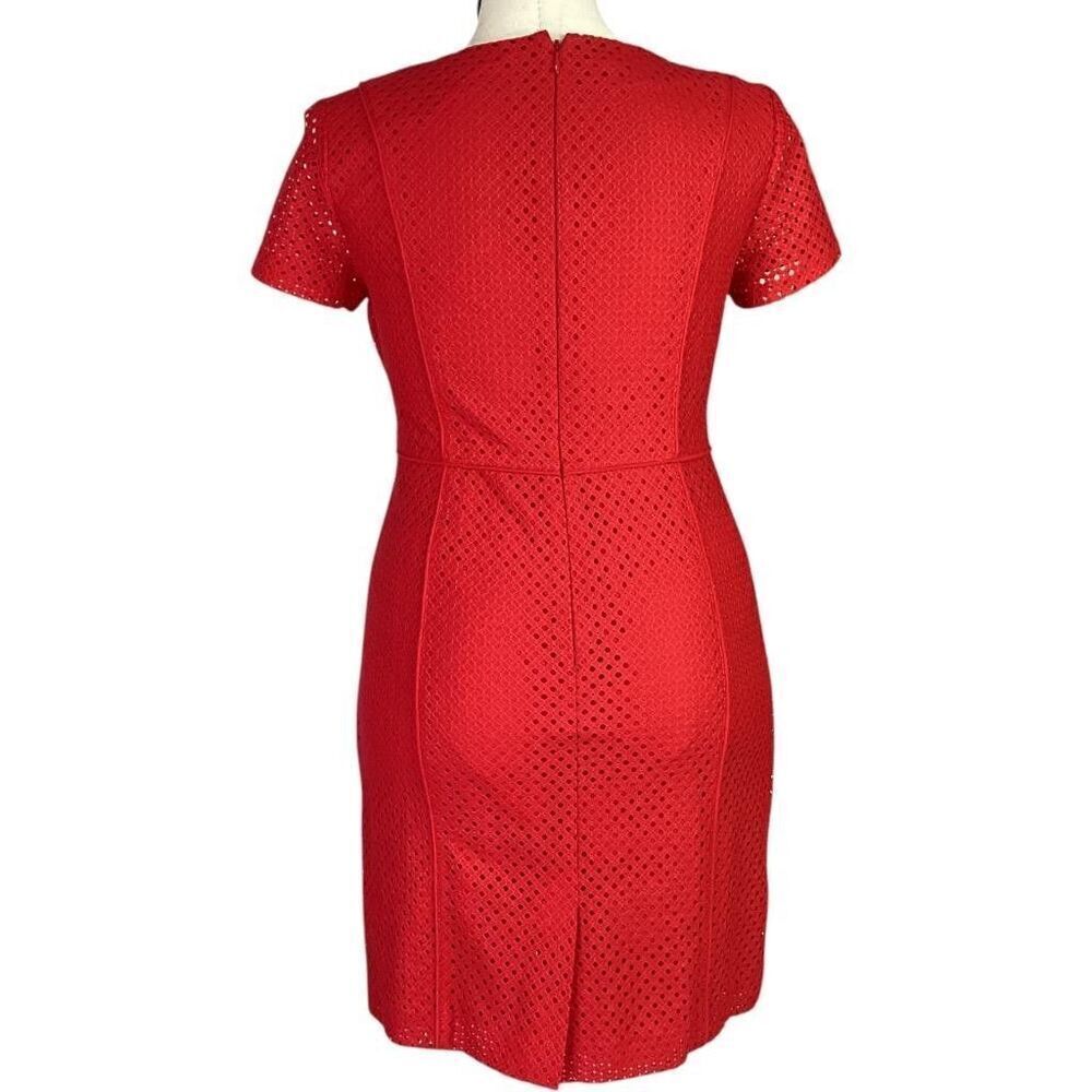 Talbots Dress Women 14P Petite Red Cotton Blend Eyelet Lined Short Sleeve Sheath - Picture 4 of 6